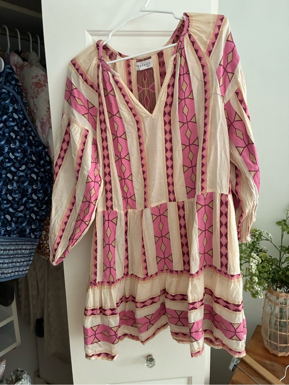 Velvet by Graham & Spencer Pink and Cream Patterned Boho Tunic Dress